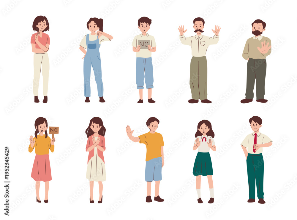 Fototapeta premium People Refusing or Saying No Gesture Illustration Set