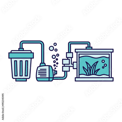 Aquarium filtration system with pump and tank illustration.
