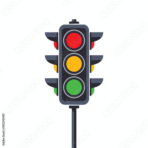 A flat design illustration of a traffic light with red, yellow, and green signals illuminated