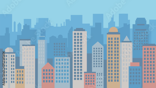 A vibrant cityscape with colorful buildings and a blue sky