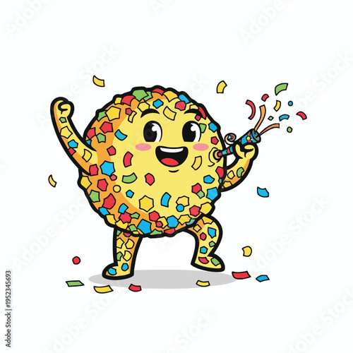 Festive yellow ball character joyfully fires a confetti popper, celebrating
