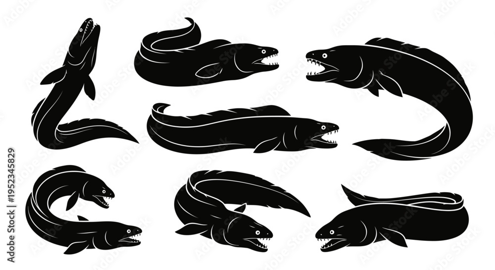 Obraz premium Set of Black Silhouette Moray Eels, Marine Life Illustrations