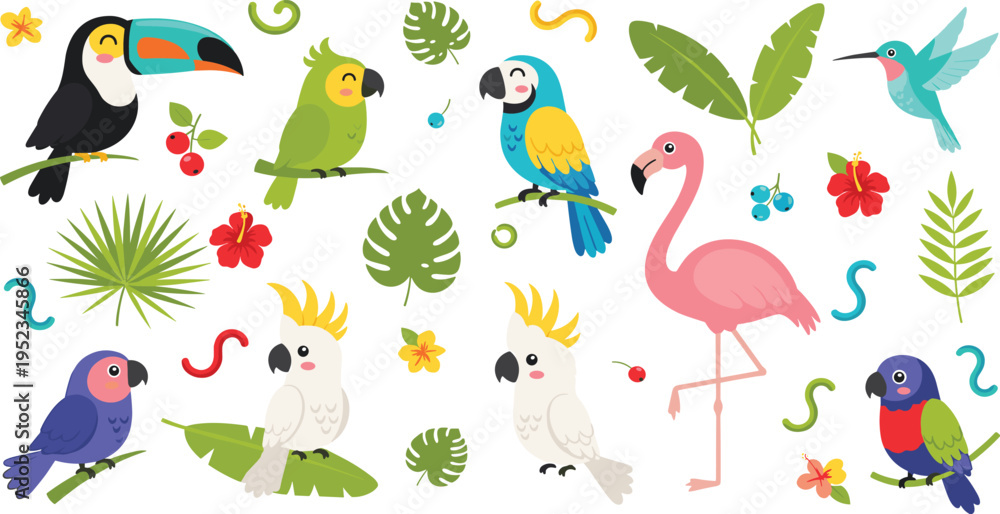 Fototapeta premium Tropical Birds Vector Set Featuring Toucan, Parrot, Flamingo, Cockatoo, and Hummingbird with Jungle Leaves and Flowers for Wildlife Illustration and Design Projects.