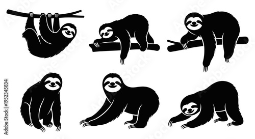 Set of Black Silhouette Slogans of Sloths in Different Poses on White Background