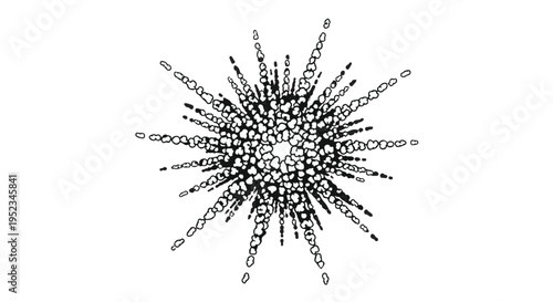 Abstract starburst shape created from small oval elements radiates outward from the.