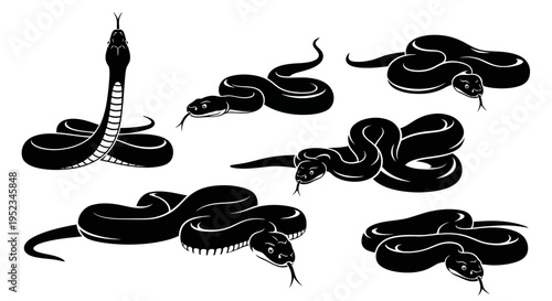 Set of Black Silhouette Snakes in Various Poses, Vector Illustration