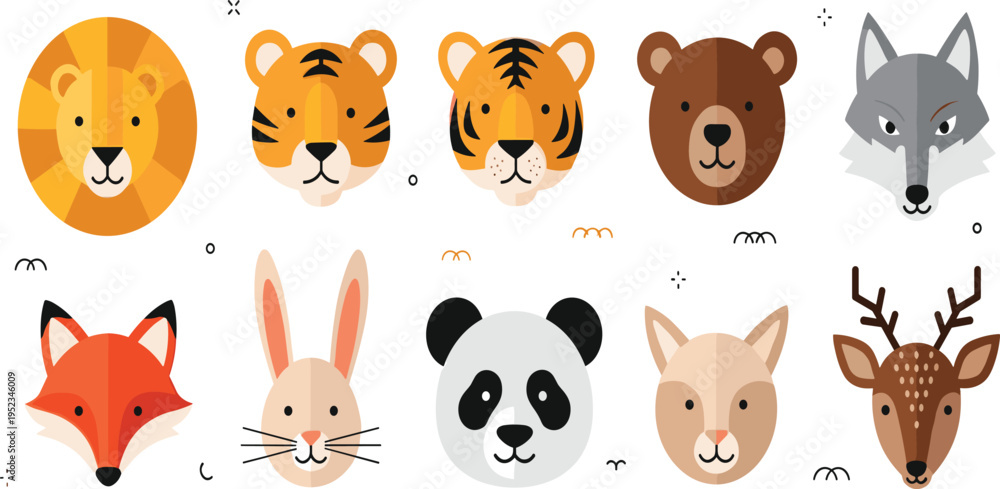 Fototapeta premium Animal Face Icons Vector Set Featuring Lion, Tiger, Bear, Wolf, Fox, Rabbit, Panda, Goat, and Deer in Flat Cartoon Style Design.