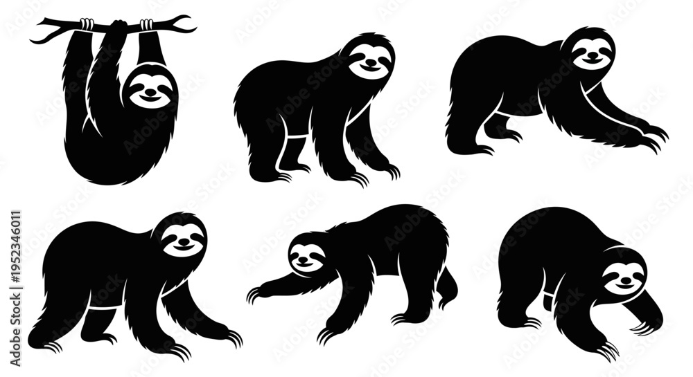 Obraz premium Set of Black Sloth Silhouettes in Various Poses - Hanging, Walking, Crawling