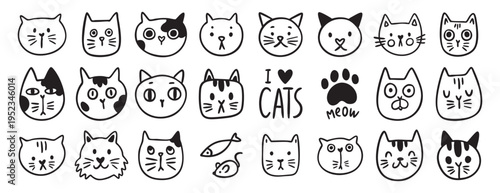 Cat face doodle set, hand drawn cute kitty vector clipart, emoticon, isolated illustration for children card coloring cartoon kawaii