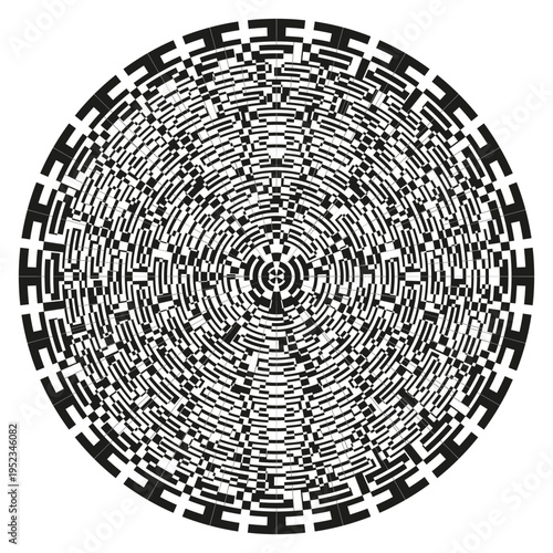 Complex circular mandala. Geometrical maze Vector. Symmetrical monochrome texture. Abstract orbital structural system.