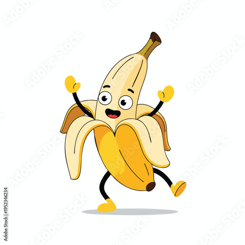 A cartoon banana with its peel open, with arms and legs, happily dancing