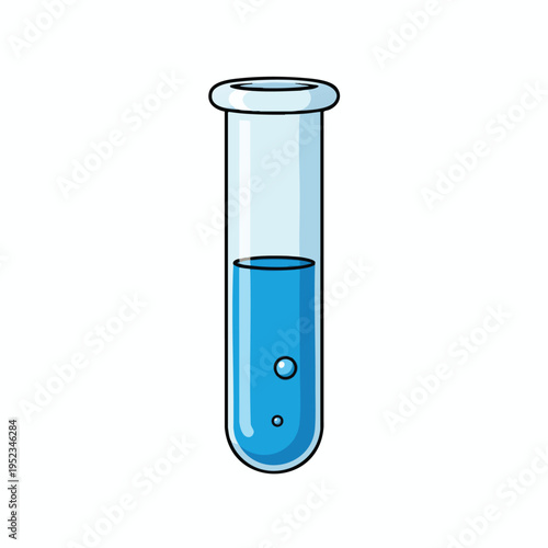 Cartoon test tube with blue liquid and bubbles, on white background