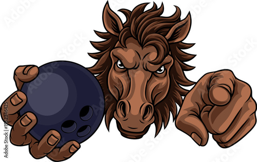 Horse mustang bronco stallion angry bowling sports team mascot holding a ball.