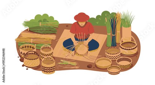 Artisan crafting intricate woven baskets from natural materials.