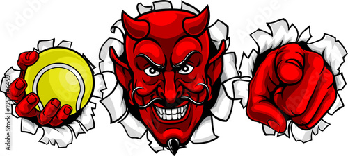 A devil man holding tennis ball, breaking through the background and pointing sports team mascot illustration.
