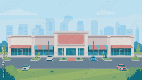 A large shopping center with a parking lot and city skyline in the background