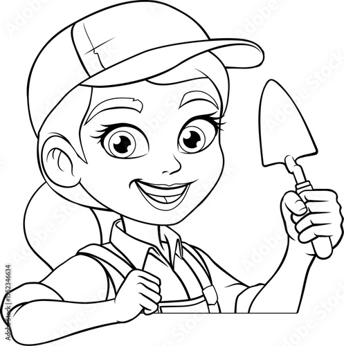 A woman female bricklayer holding a mortar trowel tool builder construction cartoon character mascot.
