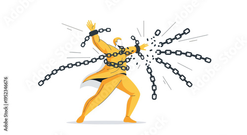 Vector illustration of a muscular man breaking free from chains