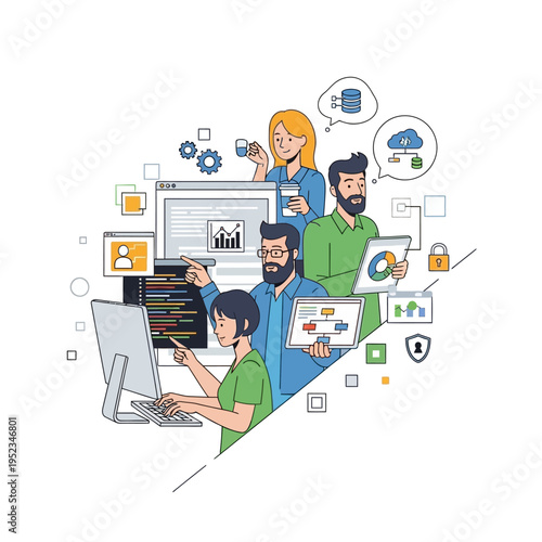 Diverse Team Collaborating on Software Development and Data Analysis