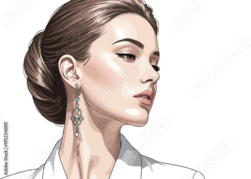 Elegant woman's profile vector illustration with sophisticated updo hairstyle and dangling pearl earrings, ideal for beauty, fashion, and luxury branding. isolated PNG with Transparent Background