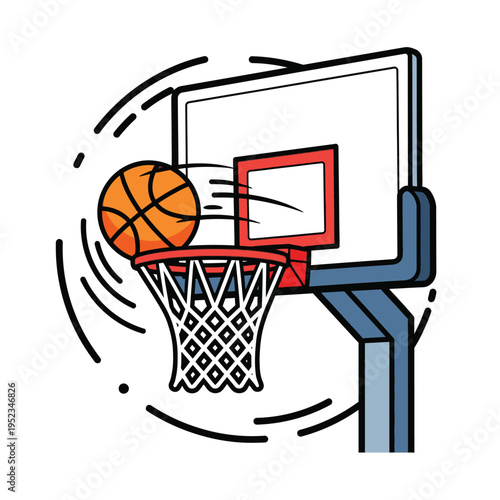 Basketball going through hoop with backboard.