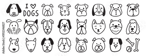 Dog doodle set, hand drawn puppy vector cute face animal clip art, children illustration, beagle husky bulldog, coloring, vet