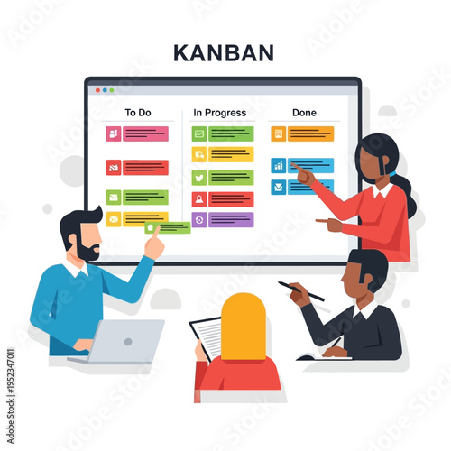 Kanban Board Teamwork Meeting: Task Management, Workflow, Project Planning, Agile Methodology