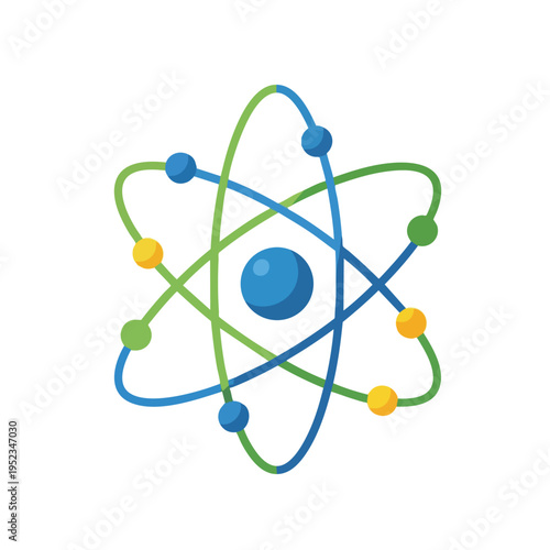 Stylized atom with nucleus and orbiting electrons represented by colored spheres