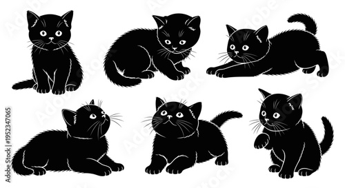 Set of Black Kittens in Various Poses, Cute Domestic Cats Illustration