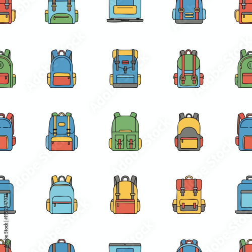 Colorful cartoon backpacks and laptop repeated pattern on white background
