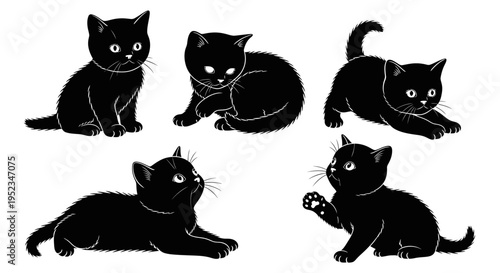 Set of Black Kittens Playing and Posing, Cute Baby Cats Illustrations