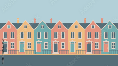 A row of colorful houses with fences and chimneys on a gray background