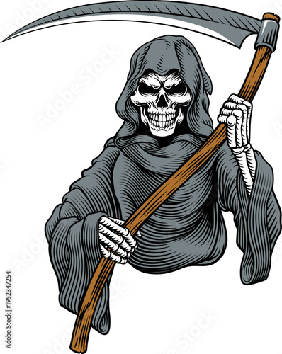 The grim reaper or death holding a scythe in a vintage retro woodcut style