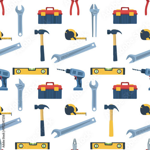 Seamless pattern of various construction tools hammers, wrenches, toolbox, drill, saw, tape measure, level