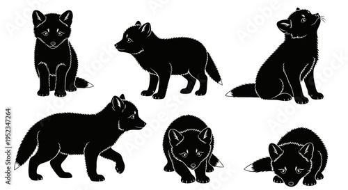 Set of Black Fox Silhouettes in Various Poses on White Background