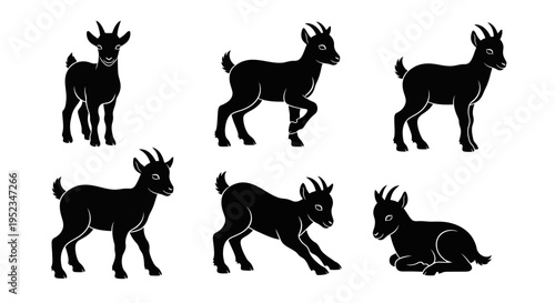 Set of Black Goat Silhouettes in Various Poses on White Background