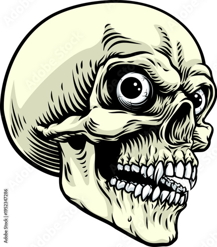 Creepy human skull with eyes illustration drawing in vintage woodcut engraving style. Detailed horror skeleton head with sharp teeth and exaggerated eye. Gothic macabre artwork