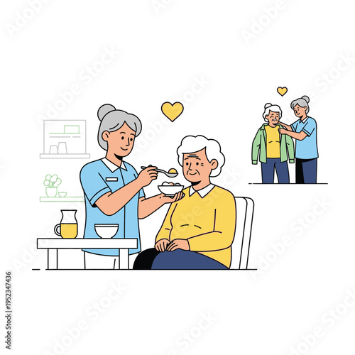 Caring nurse feeding elderly woman with spoon.