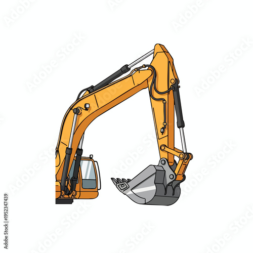 Bright yellow excavator arm with bucket, hydraulic cylinders, and cab detail