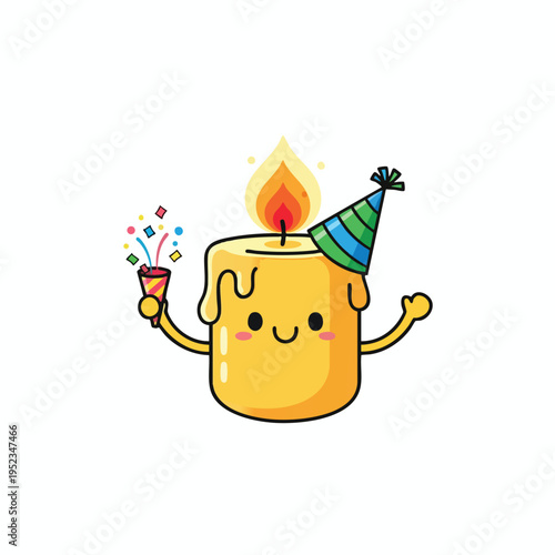 Cheerful candle with party hat and confetti popper celebrating joyfully