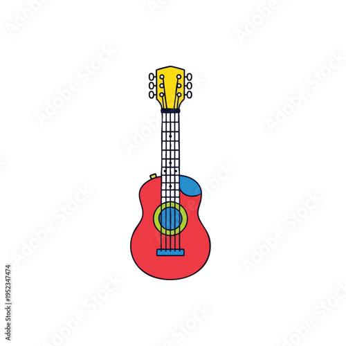 A vibrant red ukulele with a yellow headstock and blue accents
