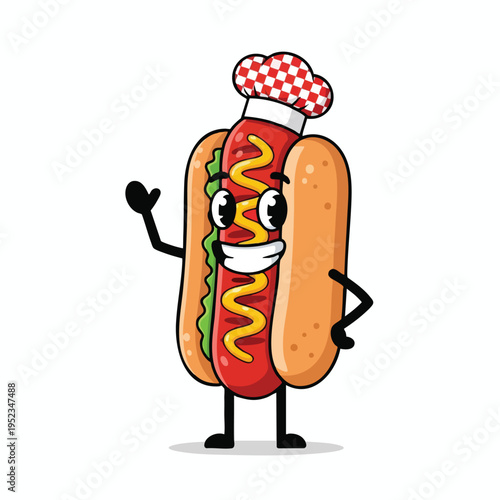 A cheerful, anthropomorphic hot dog wearing a chef's hat, waving hello