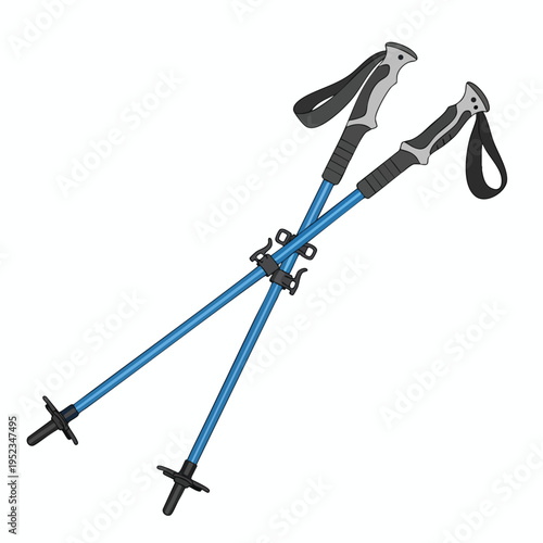 Two blue hiking poles with black grips and straps crossed