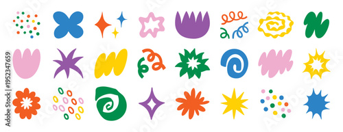 Colorful freeform party elements scattered on bright strip, starbursts, confetti dots and floral bursts in bold primary hues. Composition conveys movement and joy with dynamic spirals and cheerful