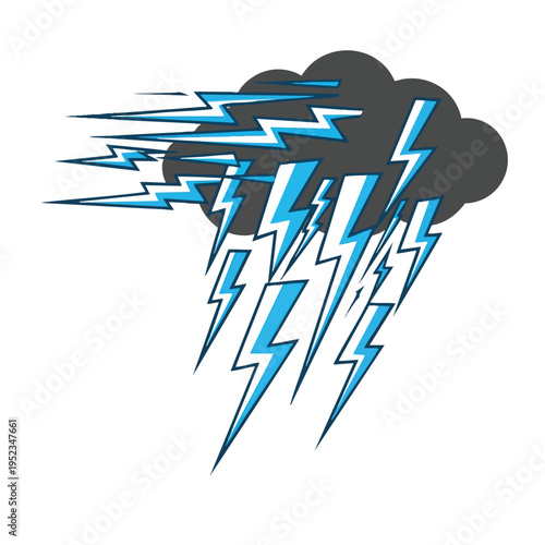 Dark cloud with jagged blue and white lightning strikes descending
