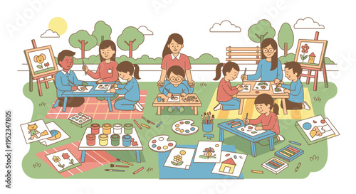 Children engaged in outdoor art class with teacher.