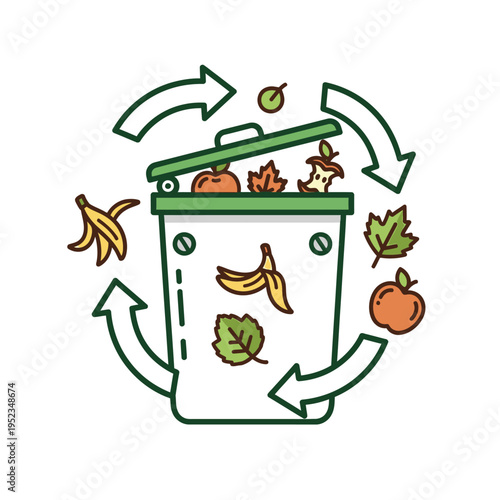 Compost Bin with Organic Waste and Recycling Arrows.
