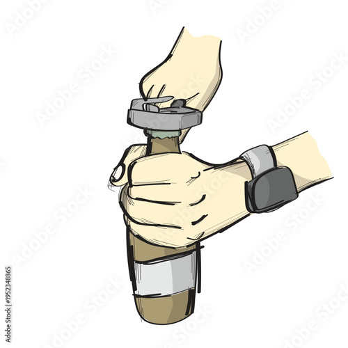Hand using opener on beverage bottle with cap illustration vector sketch with black lines