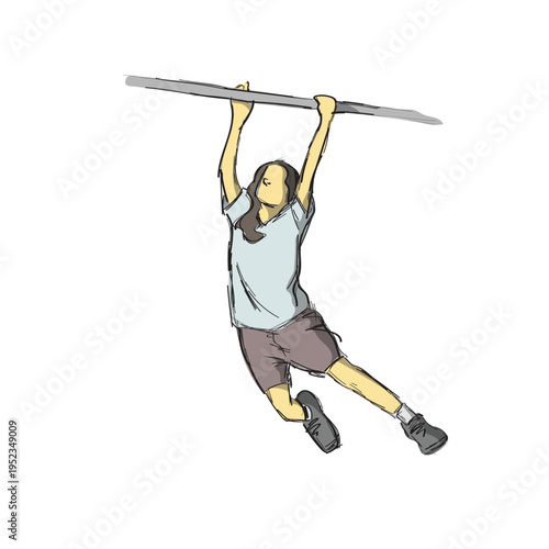 man with long hair hanging from a horizontal bar illustration vector sketch with black lines