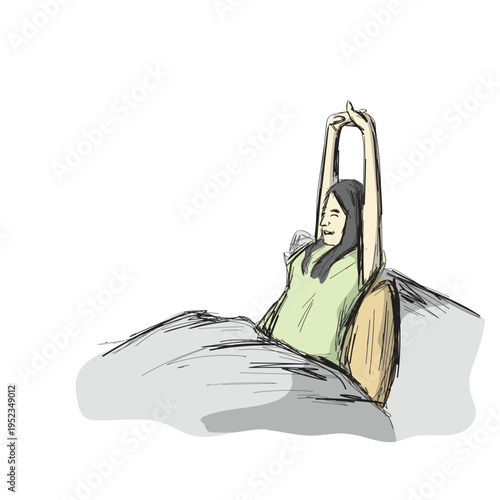 young woman waking up in the morning and stretching in bed illustration vector sketch with black lines
